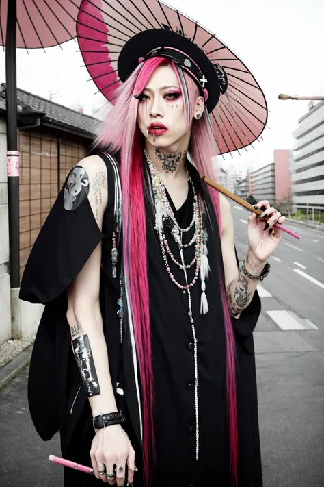 Vkei_Realism, 1boy, genderless, Miyavi, solo, long hair, hat, holding, pink hair, parted lips, japanese clothes, nail polish, lips, tattoo, makeup, umbrella, lipstick, eyeshadow, smoking, oil-paper umbrella, smoking pipe, kiseru<lora:Vkei_Realism:0.75>