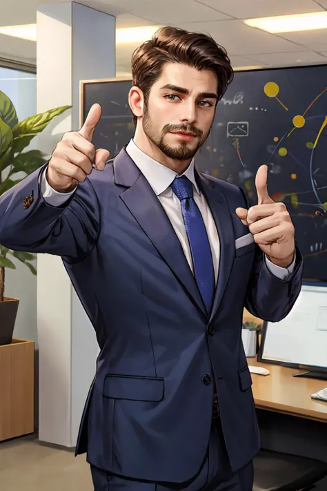 <lora:pointing-wasabiya:1>, ((pointing)), male, bara, facial hair, business suit, office, bokeh