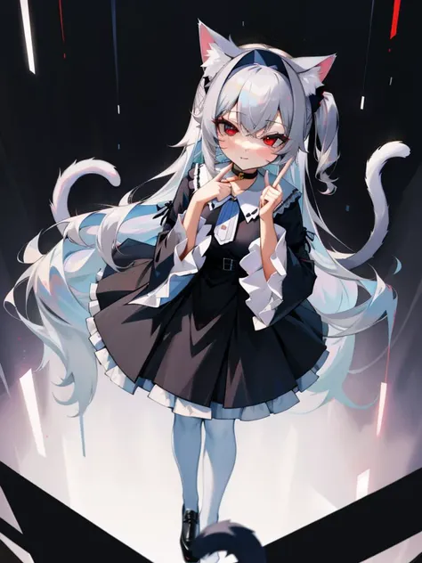 <lora:pointing:1>pointing up, masterpiece, best quality, <lora:hll-5-merged-lora:1>nora cat, grey hair, red eyes, cat girl, cat ears, cat tail, black dress, very long hair, choker, two side up, @ @, wide sleeves, white pantyhose, frills