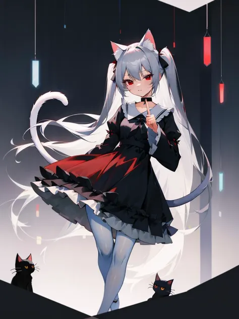 pointing, pointing at self, masterpiece, best quality, <lora:hll-5-merged-lora:1>nora cat, grey hair, red eyes, cat girl, cat ears, cat tail, black dress, very long hair, choker, two side up, @ @, wide sleeves, white pantyhose, frills