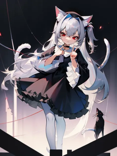 <lora:pointing:1>pointing down, masterpiece, best quality, <lora:hll-5-merged-lora:1>nora cat, grey hair, red eyes, cat girl, cat ears, cat tail, black dress, very long hair, choker, two side up, @ @, wide sleeves, white pantyhose, frills