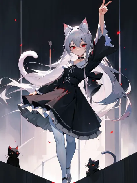 pointing, pointing down, masterpiece, best quality, <lora:hll-5-merged-lora:1>nora cat, grey hair, red eyes, cat girl, cat ears, cat tail, black dress, very long hair, choker, two side up, @ @, wide sleeves, white pantyhose, frills