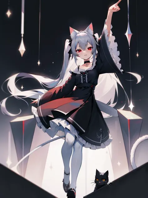 pointing up, masterpiece, best quality, <lora:hll-5-merged-lora:1>nora cat, grey hair, red eyes, cat girl, cat ears, cat tail, black dress, very long hair, choker, two side up, @ @, wide sleeves, white pantyhose, frills