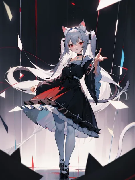 pointing down, masterpiece, best quality, <lora:hll-5-merged-lora:1>nora cat, grey hair, red eyes, cat girl, cat ears, cat tail, black dress, very long hair, choker, two side up, @ @, wide sleeves, white pantyhose, frills