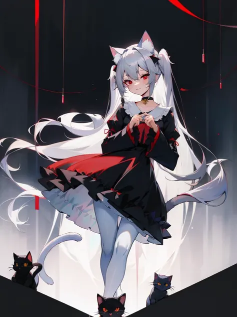 pointing at self, masterpiece, best quality, <lora:hll-5-merged-lora:1>nora cat, grey hair, red eyes, cat girl, cat ears, cat tail, black dress, very long hair, choker, two side up, @ @, wide sleeves, white pantyhose, frills