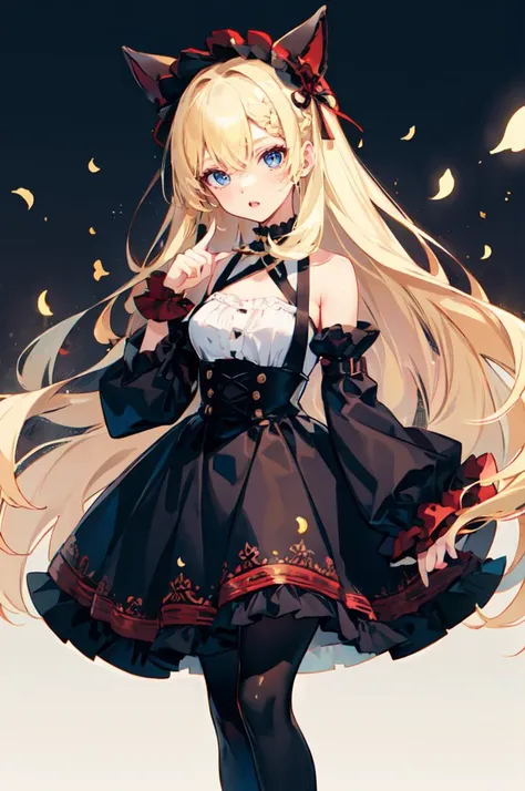 ultra detailed, masterpiece, best quality, solo, surprised, head tilt, 
1girl, blue eyes, very long hair, blonde hair, long blonde hair, french braid, bangs, medium breasts,
hair ribbon, frilled choker, criss-cross halter, sleeveless dress, high-waist skirt, backless dress, waist bow, detached sleeves, frilled sleeves, wide sleeves, pantyhose, patterned legwear, mary janes,  <lora:pointing-wasabiya:1> pointing, pointing at self,