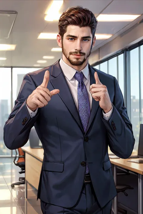 <lora:pointing-wasabiya:1>, ((pointing)), male, bara, facial hair, business suit, office, bokeh