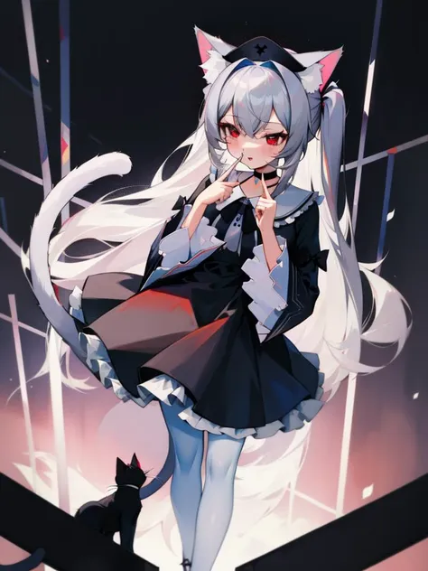 <lora:pointing:1>pointing at self, masterpiece, best quality, <lora:hll-5-merged-lora:1>nora cat, grey hair, red eyes, cat girl, cat ears, cat tail, black dress, very long hair, choker, two side up, @ @, wide sleeves, white pantyhose, frills