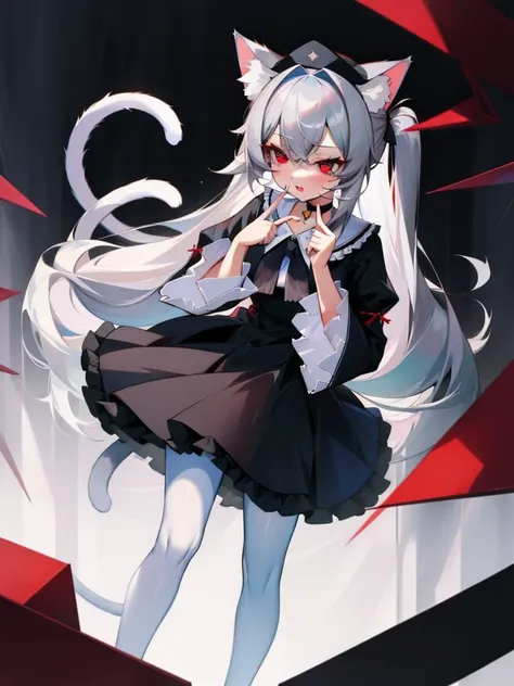 <lora:pointing:1>pointing, pointing at self, masterpiece, best quality, <lora:hll-5-merged-lora:1>nora cat, grey hair, red eyes, cat girl, cat ears, cat tail, black dress, very long hair, choker, two side up, @ @, wide sleeves, white pantyhose, frills