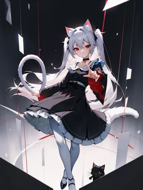 pointing at viewer, masterpiece, best quality, <lora:hll-5-merged-lora:1>nora cat, grey hair, red eyes, cat girl, cat ears, cat tail, black dress, very long hair, choker, two side up, @ @, wide sleeves, white pantyhose, frills