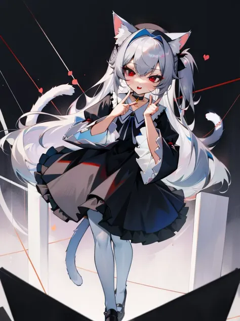 <lora:pointing:1>pointing, pointing up, masterpiece, best quality, <lora:hll-5-merged-lora:1>nora cat, grey hair, red eyes, cat girl, cat ears, cat tail, black dress, very long hair, choker, two side up, @ @, wide sleeves, white pantyhose, frills