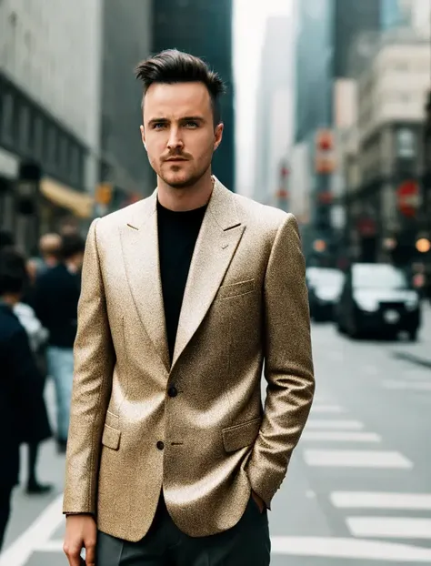 man, standing on the street, street fashion, city of the future, cyberpunk <lora:Aaron Paul:0.8>