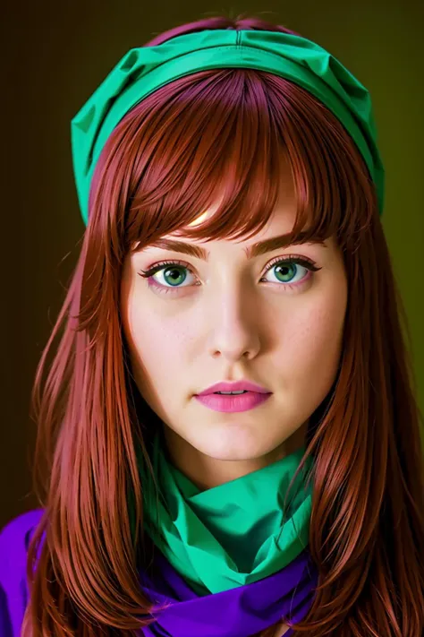 (Photo:1.3), highdetail, <lora:daphne_blake:0.7> daphneblake, redhair, purple headband, green handkerchief, perfect eyes, perfect face, (masterpiece, best quality, detailed:1.3)