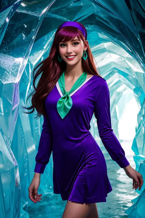 (photo RAW:1.3), 1girl, sfw, <lora:daphne_blake:0.75> daphneblake, (purple dress:1.3), purple headband, ((green) neckerchief:1.3), perfect eyes, perfect face, winter, American, full front view, eyes focus, (happy, smiling:1.3), dark red hair, headband, ball earrings, slender body, smooth, clear skin, in early twenties, seductive legs, velvet wrap dress, glistening ice cave with icicles, (acclaimed, alluring, captivating, exciting, gorgeous, striking:1.3), gorgeous