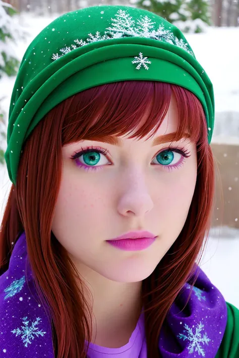 (Photo:1.3), highdetail, <lora:daphne_blake:0.7> daphneblake, redhair, purple headband, green handkerchief, perfect eyes, perfect face, winter, snowing, (masterpiece, best quality, detailed:1.3)