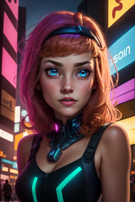 daphneblake, cartoon,as cyberpunk, neon glow, (intricate details), perfect eyes, perfect face, perfect lighting, beautiful, (masterpiece:1.2), (best quality:1.2)