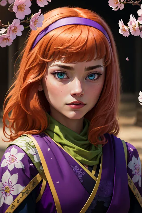 daphneblake, cartoon, redhair, purple headband, green handkerchief, samurai warrior, sakura blossoms, (intricate details), perfect eyes, perfect face, perfect lighting, beautiful, (masterpiece:1.2), (best quality:1.2)