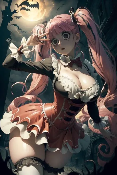((best quality)), ((masterpiece)), ((anime)), ((spooky)), (ultra detailed), intridicated, dynamic_angle, from below, ((1girl, solo)), global illumination, realistic shadows, Perona flies, clown makeup, twintails, twin drills, black eyes,(cute big eyes), (high fashion clothes), mature model body, large breast, (long beatiful legs), (wide hips), large cleavage, action pose, high detailed spooky environment, <lora:peronaOnePiece_v10:0.65>