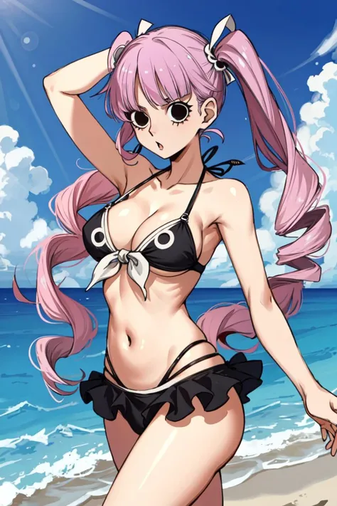 masterpiece, best quality, absurdres, perfect antomy, Perona, circle-shaped eyes, black eyes, twintails, twin drills, 1girl, solo, cowboy shot, outdoors, beach, bikini