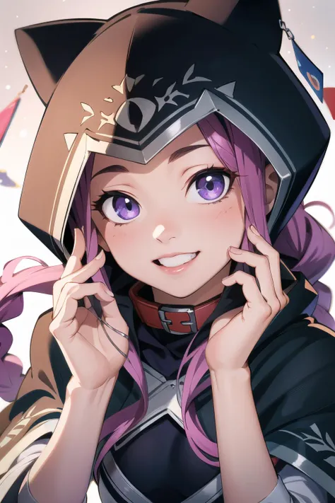 1girl, (bright smile:1.1) <lora:medusa02:0.9> 1girl,leotard,collar,cape,hood, (masterpiece), best quality, expressive eyes, perfect face,, (masterpiece:1.2), (best quality:1.2), [:intricate details:5], (detailed light:1.10), perfect light, vibrant colors, (depth of field:1.10), (depth of view:1.10),