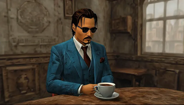 impactful paint of Johnny Depp wearing a suit in a cofee shop with a coffee,<lora:90s__3D_Model:1>,highly detailed,8k,sharp,professional,clear,high contrast,high saturated,vivid deep blacks,crystal clear,