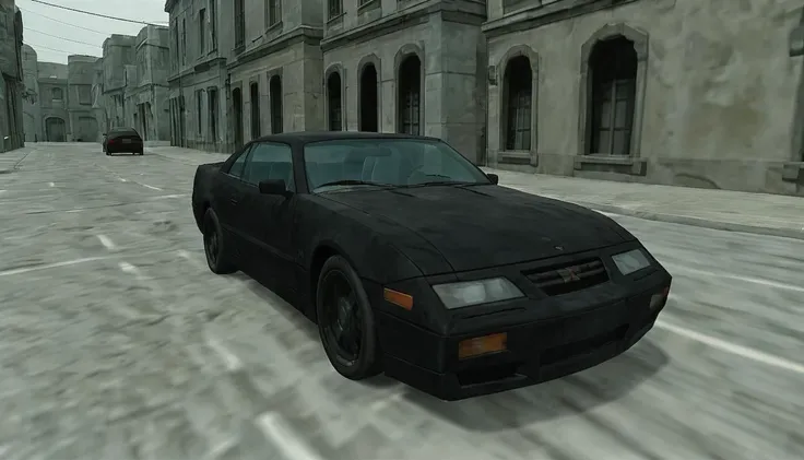 a black car in a street   <lora:90s__3D_Model:0.8>