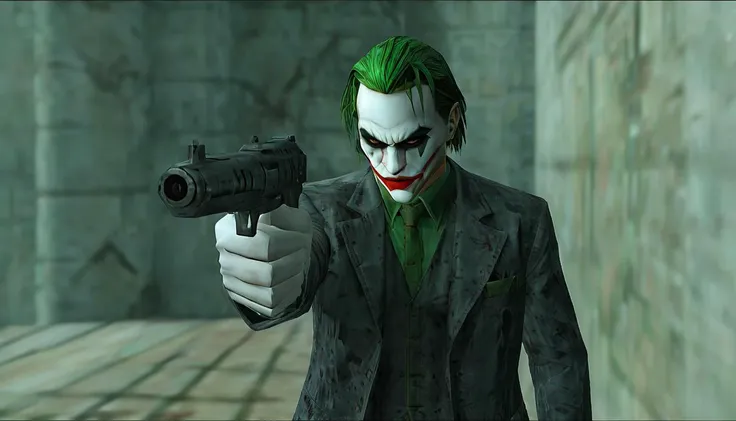 impactful paint of The Joker pointing a gun to the camera <lora:90s__3D_Model:1.0>, highly detailed, 8k, sharp, professional, clear, high contrast, high saturated, , vivid deep blacks, crystal clear
