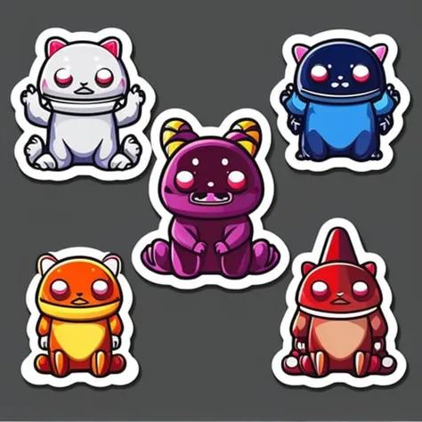 four set of kawaii character cosmic monsters, detailed realistic professional art masterpiece sticker set