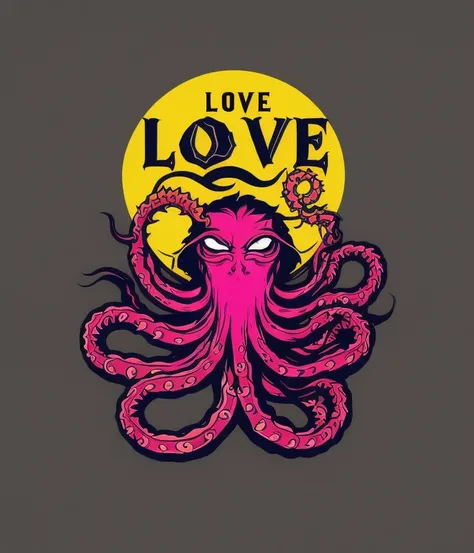mockup, (retro 80-s style, Lovecraft, tentacles), writing saying love, colorful, punk-rocker punk from 1980, vintage style, (t-shirt design, logo, badge)