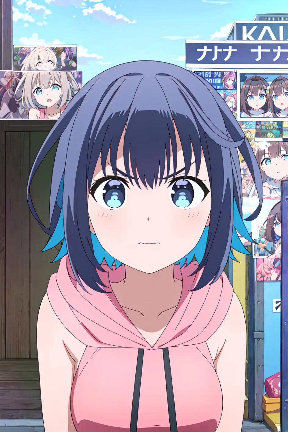 (extremely detailed CG unity 8k wallpaper),(masterpiece),(best quality),(ultra-detailed),(best illustration),(best shadow),(absurdres), <lora:Akisato-20:0.7>Konoha, 1girl, solo, hoodie, hood, blue eyes, multicolored hair, black hair, blue hair, sleeveless, pink hoodie, looking at viewer, breasts, short hair, upper body, colored inner hair, collarbone, sleeveless hoodie, two-tone hair, bangs, v-shaped eyebrows, hood down, bare shoulders, closed mouth, frown, outdoors
