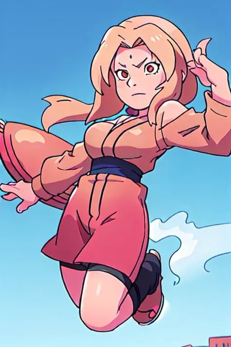 <lora:tsunadeNarutoLora_v1:1> tsunadens jumping through the air doing a kick, pretty face