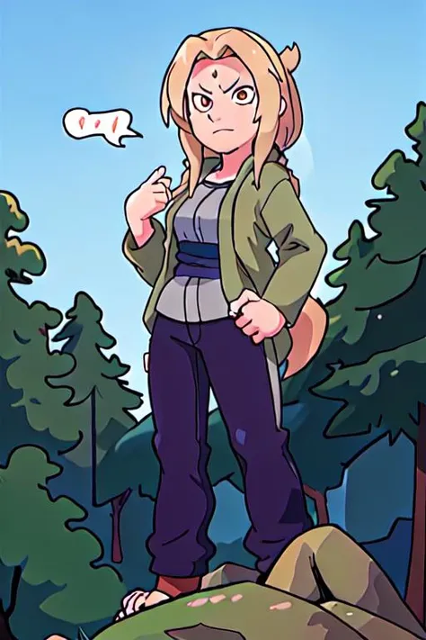 <lora:tsunadeNarutoLora_v1:1> tsunadens standing on a giant rock in a forest, from below, sunst