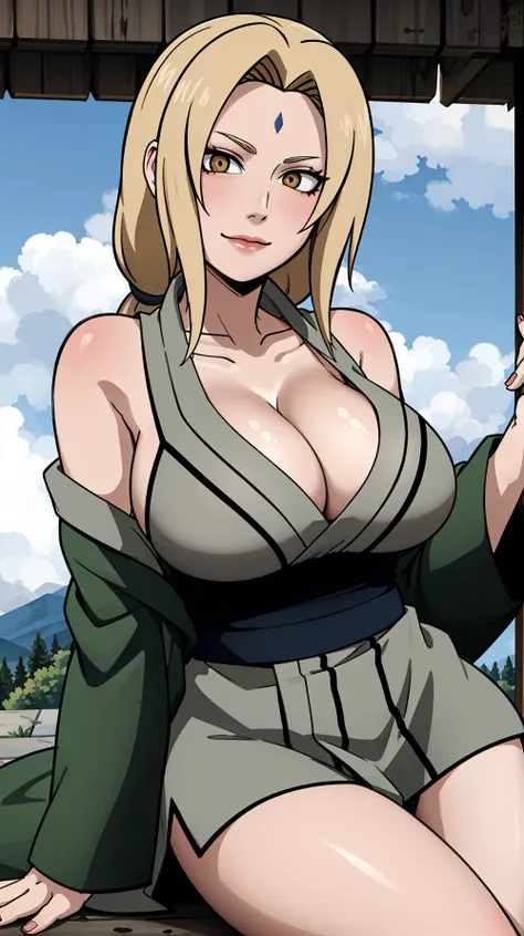 TsunadeNS, tsunade_senju, woman, bright Eyes, delicate, delicate hands, impossible clothes, taut shirt, day, halterneck, thighs, sweet, fullbody, (best illumination, an extremely delicate and beautiful), (exceptional, best aesthetic, new, newest, extremely detailed, anime:1.2), cinematic light, intricate_detail, highres, official art, finely detailed beautiful face, overexposure, 1girl, solo, saggy huge breasts, kimono, cleavage, smile, (depth of field), full body, (yellow hair:1.4), lips, alcohol, bottle, sake_bottle, cup, holding, off_shoulder, (detailed hair), (masterpiece), (best quality), (ultra-detailed), sharp focus, detailed face, ((perfect anatomy)), long hair, wavy hair,(arm + hand + 1_thumb), Five fingers each, perfect hands, (best shadow),  high-resolution illustration, 8k, dark intense shadows, (detailed background), high resolution, (beautiful detailed face), high contrast, ((cinematic light)), high quality anime, anime art style, perfect lighting, (intricate details), colorful, hyper detail, dramatic light, dynamic angle, light around the character, depth of field, light particles, <lora:tsunadeSenju_v10:0.6>, <lora:tsunadeNarutoLora_v1:0.5>, (Behavior: relaxed, carefree, free-spirited), outdoors, open sky, (highly detailed background:1.0), depth of field, soft lighting, (very detailed background:1.0), ((landscapedwith beautiful in the background, wind in the forest with many falling leaves and beautiful clouds)), (best possible illustration), water and rivers, mountains and naturebirds and fish, tree and leaves, wind and particles