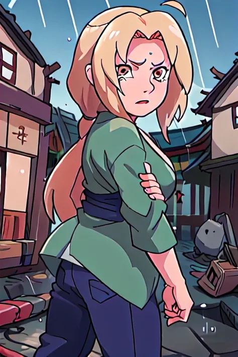 <lora:tsunadeNarutoLora_v1:1> tsunadens in a destroyed japanese village, in the rain, sobbing, flaming houses