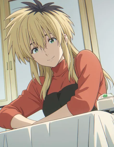 score_9, score_8_up, score_7_up, source_anime,
miyakoishida, <lora:miyako-ishida-movie-ponyxl-lora-nochekaiser:1>,
miyako ishida, long hair, bangs, blonde hair, black hair, hair between eyes, green eyes, multicolored hair, two-tone hair,
apron, sweater, turtleneck, red sweater, black apron, pants, denim,
indoors, bent over, smile,
looking at viewer, solo, cowboy shot, dutch angle,