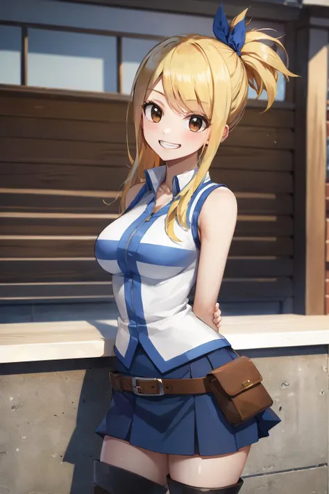 (masterpiece, best quality:1.2), <lora:fairytail_lucyheartfilia-10:1>, solo, 1girl, lucy heartfilia, grin, looking at viewer, arms behind back, blue sleeveless shirt, miniskirt, belt pouch, thigh boots