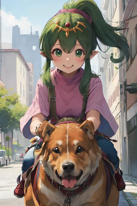 (masterpiece, best quality;1.3), ultra detailed, 1girl, solo, smile, looking at viewer,
<lora:youngTiki_fe:1>yTiki_fe, (riding THE large dog )