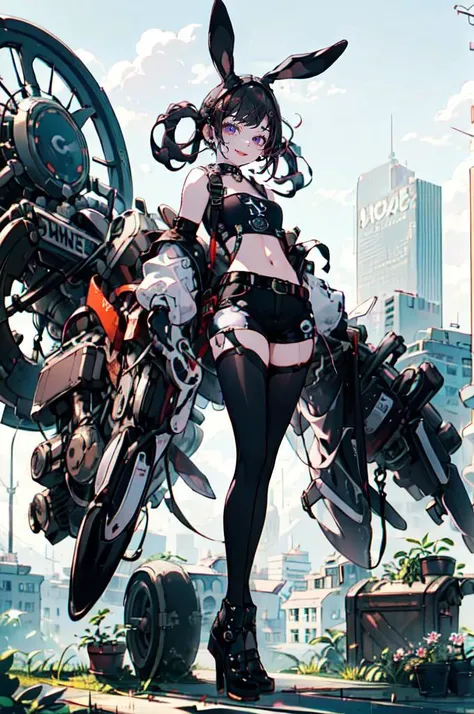 <lora:v1.0Rabbit ear_20230619134547:0.7> Rabbit ear, Mechanic, mechanical body,, ultra detailed, masterpiece, best quality, aesthetic, detailed,, solo, seductive smile, red lips,
1girl, purple eyes, red hair, blunt bangs, medium breasts, <lora:hair_rings:1> low hair rings, <lora:EllaNyan:1>,, taut clothes, choker, bandeau, elbow gloves, taut shorts, lowleg shorts, navel, groin tendon, belt, patterned legwear, pantyhose, (pantyhose under shorts:1.2), high heel boots,