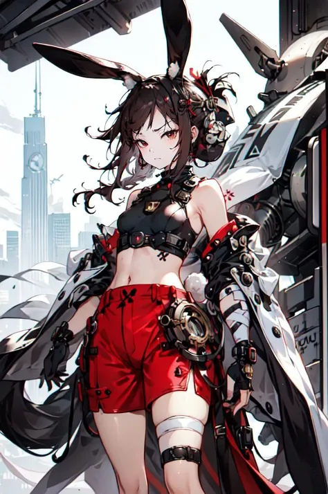 <lora:v1.0Rabbit ear_20230619134547:0.7> Rabbit ear,  Mechanic, mechanical body,, ultra detailed, masterpiece, best quality, aesthetic, detailed,, solo, frown,
1girl, red eyes, <lora:Tsurime3:1>, (tsurime:1.2), (brown hair:1.3), medium hair, (asymmetrical bangs, swept bangs, cowlick:1.35), flipped hair, <lora:foldedponytail:0.8> foldedponytail, folded ponytail, (small breasts:1.3),, fingerless gloves, shimenawa hair tie, sleeveless turtleneck, crop top, groin, (shimenawa:1.3), (shimenawa sash:1.3), (overskirt:1.2), shorts, flats, bandages, bandaged arm, bare legs, navel,