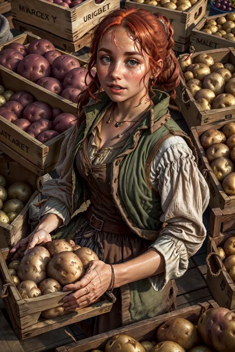 <lora:RPGVendorPotatoes:0.7> (vendor (potatoes):1.2), solo, 1girl, solo, red hair, ponytail, green eyes, sack, crate, potato, apple, vest, green vest, open mouth, grapes, food, egg, fruit, blurry, blurry background, (realistic:1.3), (medieval market:1.1), medieval, <lora:AllOldRPGArtS1_1990s_V1.01_LoRA:0.4> alloldrpgarts1 <lora:PBOldRifRPGStyle-V1.0-st_LoRa:0.4> RpgRiftingInThe90s, extremely high quality RAW photograph, detailed background, intricate, Exquisite details and textures, highly detailed, ultra detailed photograph, warm lighting, 4k, sharp focus, high resolution, detailed skin, detailed eyes, 8k uhd, dslr, high quality, film grain, Fujifilm XT3,