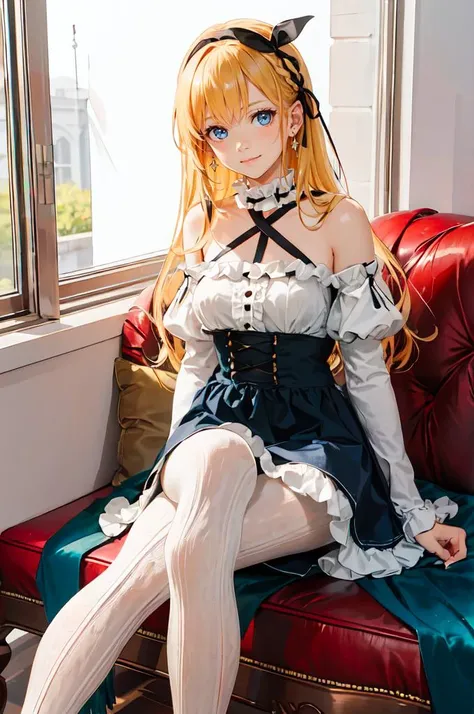 <lora:cabletights:0.7> (cktights:1.2), sitting,, ultra detailed, masterpiece, best quality,, solo, soft smile, light smile,
1girl, blue eyes, very long hair, blonde hair, long blonde hair, french braid, bangs, medium breasts,, hair ribbon, frilled choker, criss-cross halter, sleeveless dress, high-waist skirt, backless dress, waist bow, detached sleeves, frilled sleeves, wide sleeves, pantyhose, patterned legwear, mary janes,