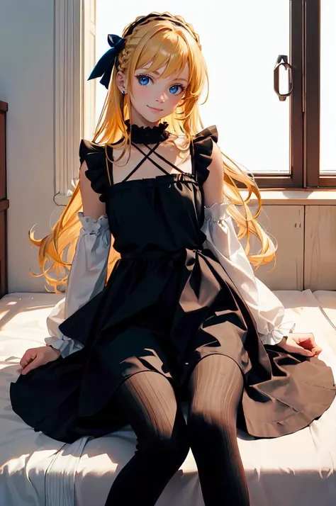 <lora:cabletights:0.7> (cktights:1.2), sitting,, ultra detailed, masterpiece, best quality,, solo, soft smile, light smile,
1girl, blue eyes, very long hair, blonde hair, long blonde hair, french braid, bangs, medium breasts,, hair ribbon, frilled choker, criss-cross halter, sleeveless dress, high-waist skirt, backless dress, waist bow, detached sleeves, frilled sleeves, wide sleeves, pantyhose, patterned legwear, mary janes,