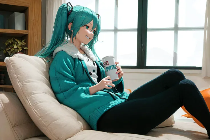 absurdres, best quality, ultra detailed, indoor, winter, 
hatsune miku enjoys relaxing on a cushion on the floor,  (cktights:1.2),  <lora:cabletights:0.8>, face focus, full body, hot chocolate, grin,  <lora:hairdetailer:0.5> <lora:hair_intakes:-1> <lora:hohoaka:-0.8>