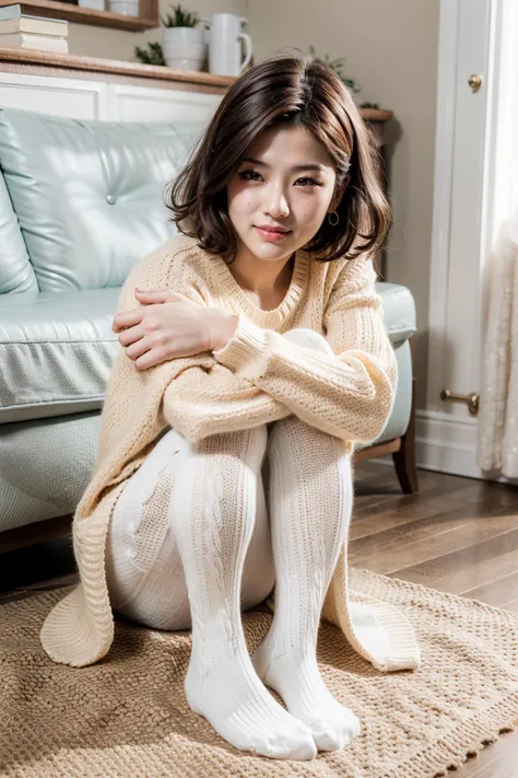 (realistic:1.3), finely detailed, quality, rembrandt lighting, (masterpiece:1.2), (photorealistic:1.2), (best quality), (detailed skin:1.3), (intricate details), dramatic, ray tracing, 1girl, japanese girl, 21 years old, detailed skin texture, (blush:0.5), (goosebumps:0.5), subsurface scattering, smiling, medium breasts, short hair curls, bangs, hair between eyes, sweater dress, (cktights:1.2), knitted tights, pantyhose, no shoes, sitting, hugging knees, hugging self, (bright sunny day, living room, sitting on floor), <lora:cabletights-Lite:0.8>