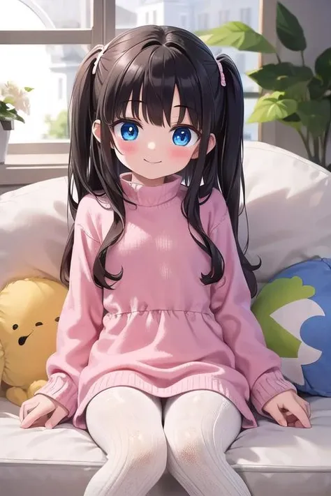 best quality, masterpiece,ultra detail, 1girl,(cktights:1.4), <lora:cabletights-Lite:0.8>,sofa,indoor,stuffed toy,blush,shy,(petite),smile,window,knit onepiece