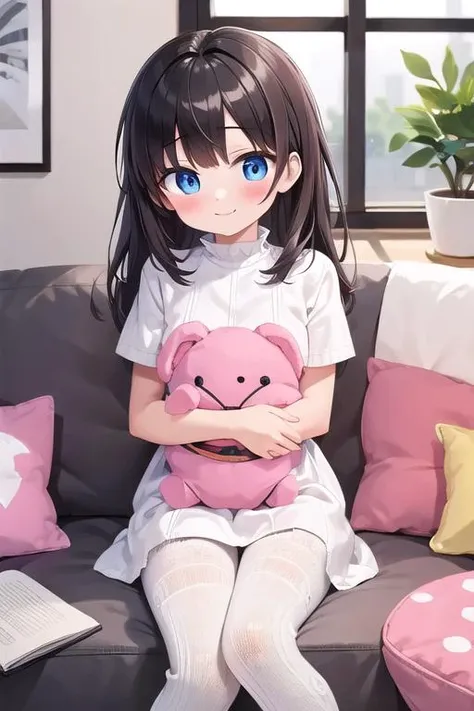 best quality, masterpiece,ultra detail, 1girl,(cktights:1.4), <lora:cabletights-Lite:0.8>,sofa,indoor,stuffed toy,blush,shy,yo,smile,window,