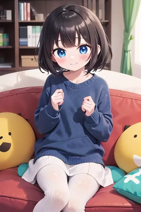 1girl, solo, ((best quality, masterpiece)), (cktights:1.4), <lora:cabletights-Lite:0.8>,sofa,indoor,stuffed toy,blush,shy,yo,smile
