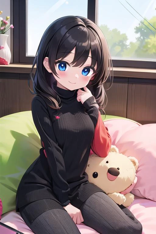 best quality, masterpiece,ultra detail, 1girl,(cktights:1.4), <lora:cabletights-Lite:0.8>,sofa,indoor,stuffed toy,blush,shy,yo,smile,window,