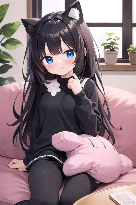 best quality, masterpiece,ultra detail, 1girl,(cktights:1.4), <lora:cabletights-Lite:0.8>,sofa,indoor,stuffed toy,blush,shy,yo,smile,window,