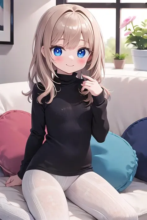 best quality, masterpiece,ultra detail, 1girl,(cktights:1.4), <lora:cabletights-Lite:0.8>,sofa,indoor,stuffed toy,blush,shy,(petite),smile,window,